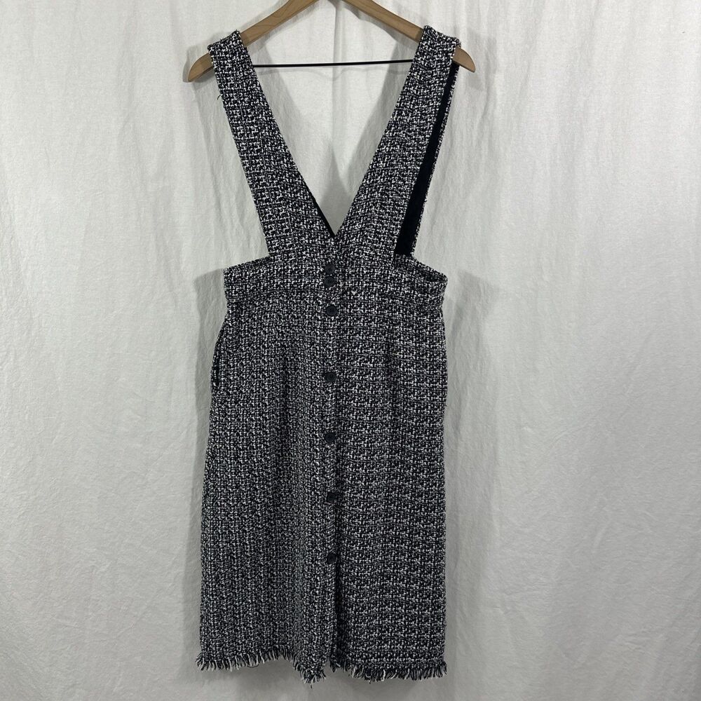 Bohme Black White Tweed Jumper Pinafore Dress Womens Sz M Fringe Academia Preppy